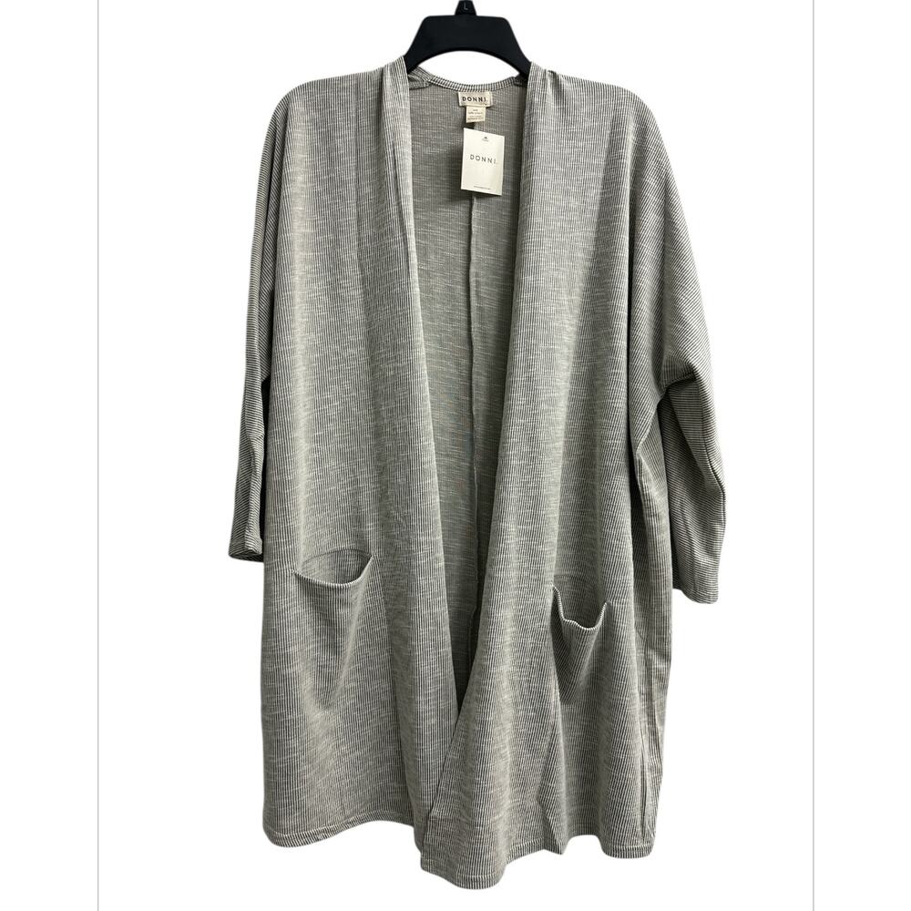 DONNI Gray White Ribbed Open Front Layering Long Casual Cardigan Women's OSFA